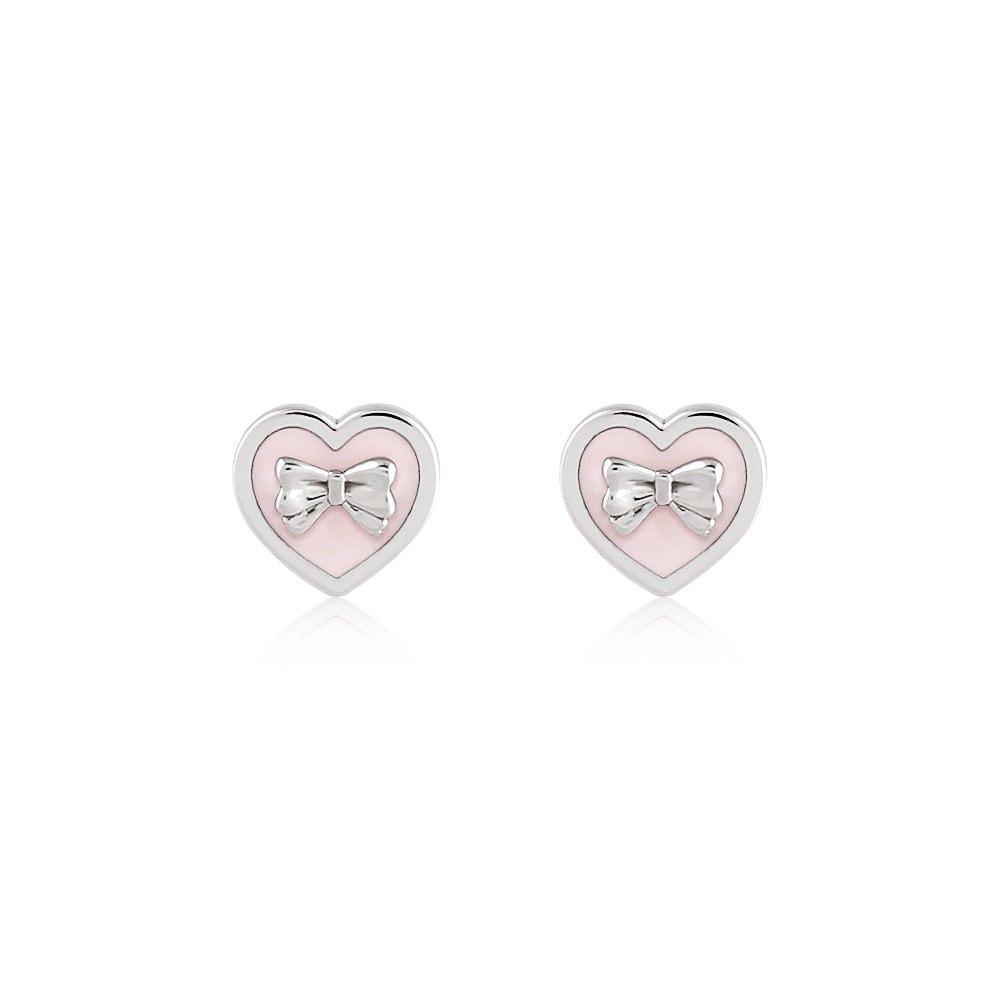 [925 Silver Post] Heart Ribbon Earrings Pink Ribbon Earrings