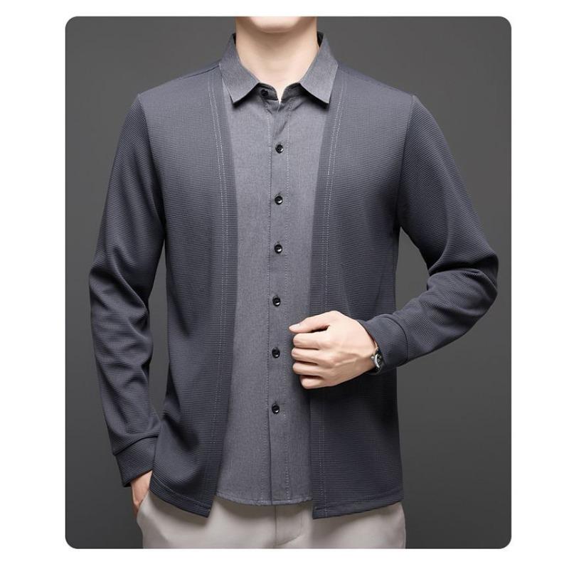 Autumn Style Micro-elastic Long-sleeved Casual Bottoming Shirt Fake Two-piece Waffle Cardigan Lapel Jacket Versatile Clothing