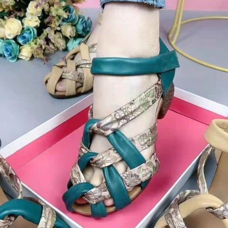 New Summer Top Cowhide Printing Spell Color Trend Sandals Open Toe Genuine Leather Sandals Thick Heel Women Sandal Shoes