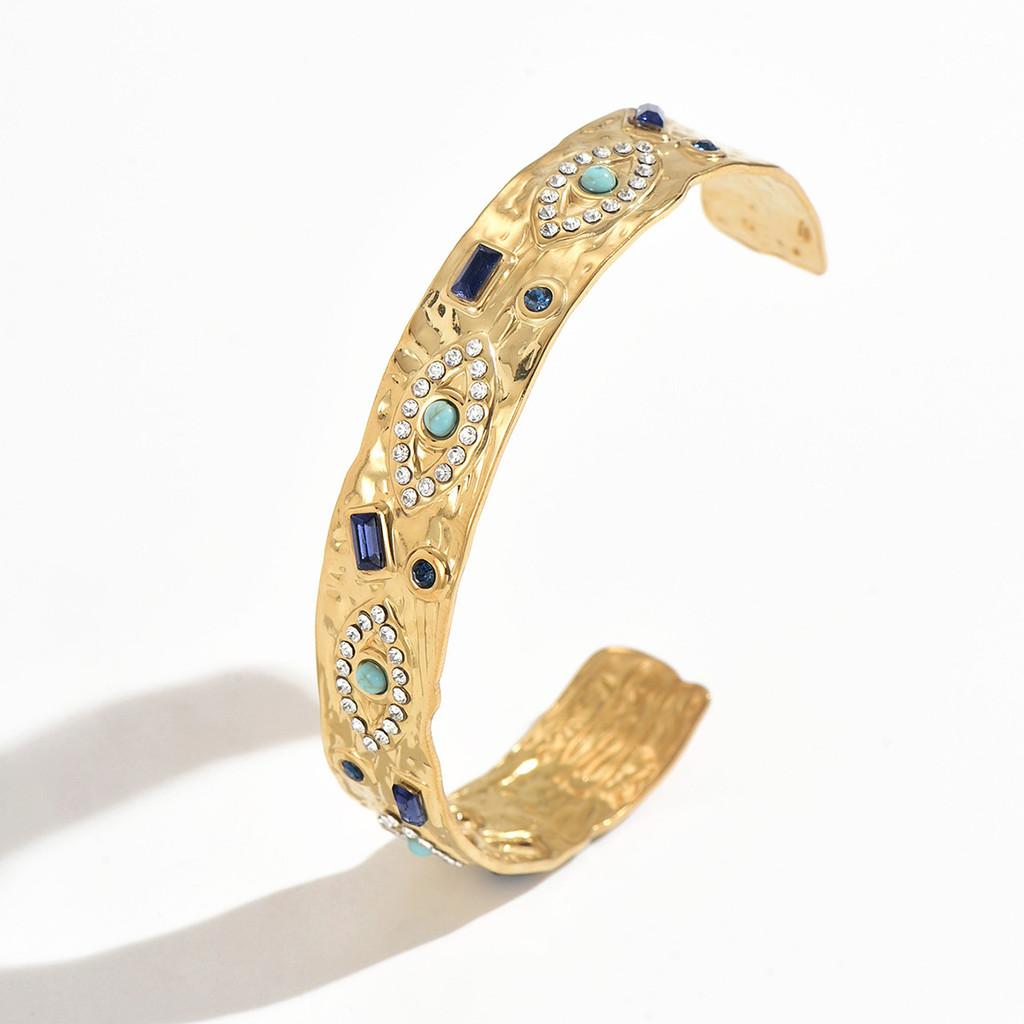 Vintage Geometric Turquoise Stainless Steel Adjustable Bracelet With Sparkling Inlay For Women