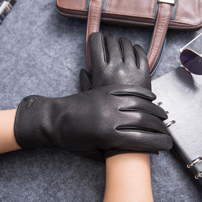 Goatskin Men'S Gloves, Warm In Autumn And Winter, Piled And Thickened, Windproof, Imitation Deerskin Pattern, Sheepskin, Driving Riding Motorcycles