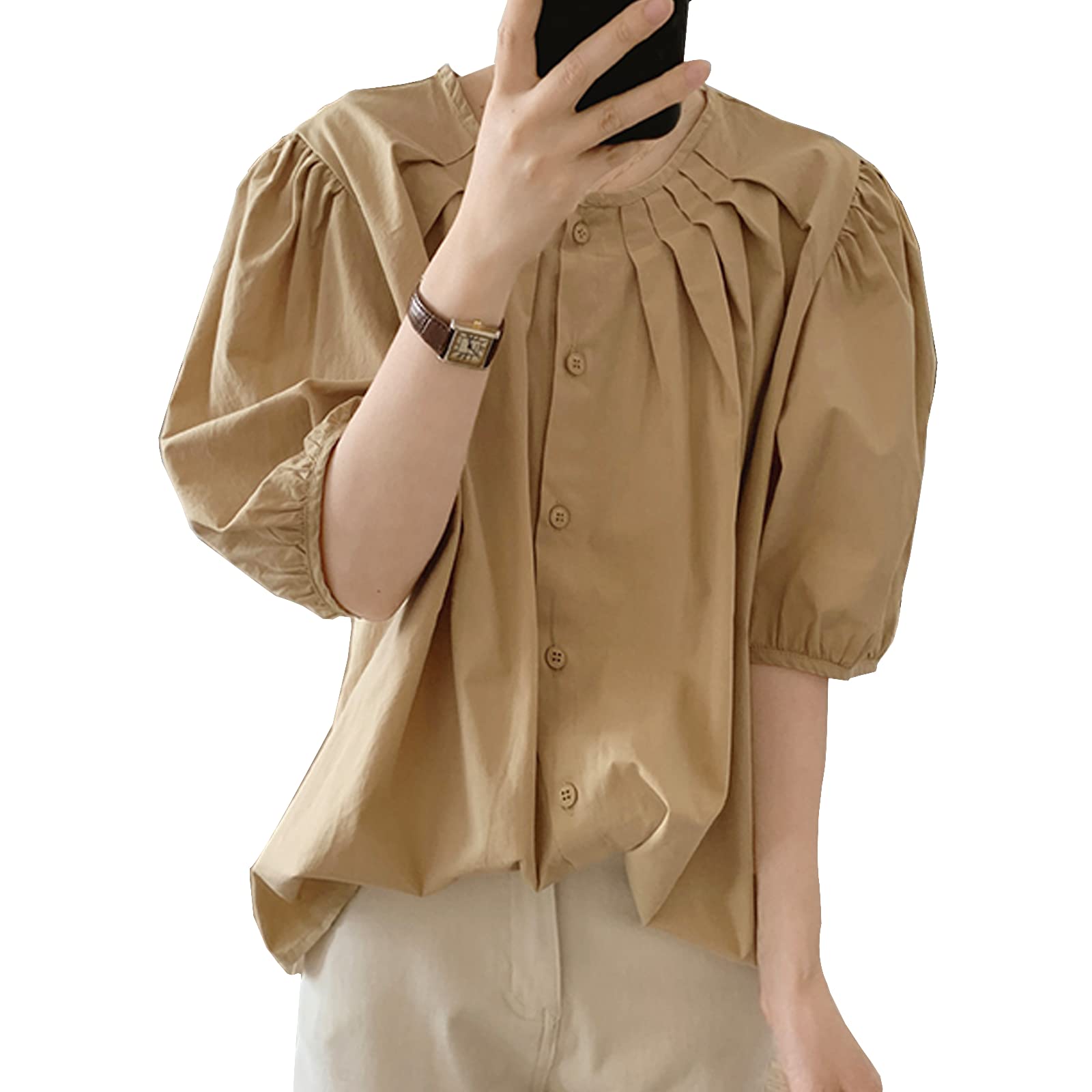 

Blouses for short sleeve bubble sleeve round for going everyday fall [7-livehouse] women, shirts, t-shirts, collar, tucks, simple, casual,