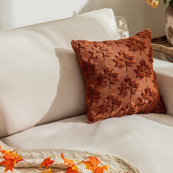 Față de pernă de toamnă de pluș din blană artificială cu artă 3D cu frunză de arțar, stil fermă boem, husă de pernă cu fermoar invizibil