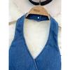 off-Shoulder Zipper V Neck Denim Silm Halter Spaghetti Straps