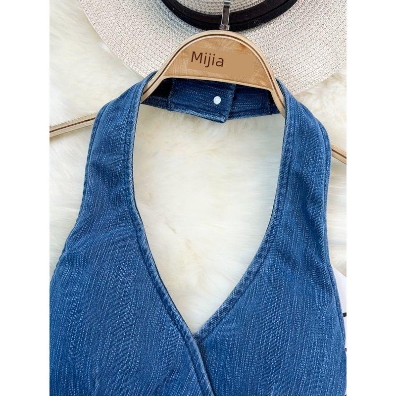 off-Shoulder Zipper V Neck Denim Silm Halter Spaghetti Straps