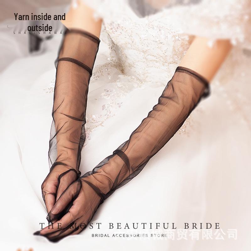 Elegant Thin Black Lace Bridal Evening Gloves with Floral Mesh Design