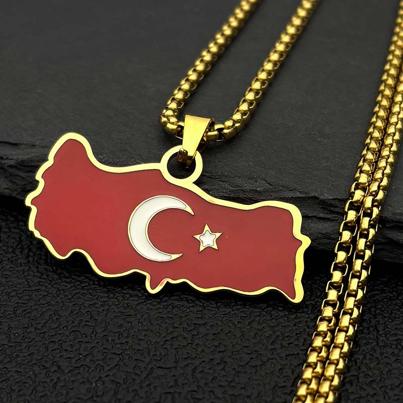 Colier pandantiv Hartă și Steag Curcan din Oțel Inoxidabil pentru Femei Bărbați Culoare Aurie Argintie Lanț Turcesc Bijuterii Cadou Türkiye Cumhuriyeti
