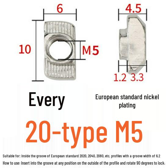 European Standard T-Nut - Rear-Mounted T-Shaped Hammer Head for Aluminum Profile (M4, M5, M6, M8) 20/30/40/45.