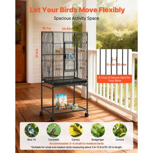 VEVOR Bird Cage, 625 x 425 x 1370 mm, Flat Top, Wrought Iron Bird Flight Cage with Perches, Slide-Out Tray and Plastic Feeders, Casters, for Parrot