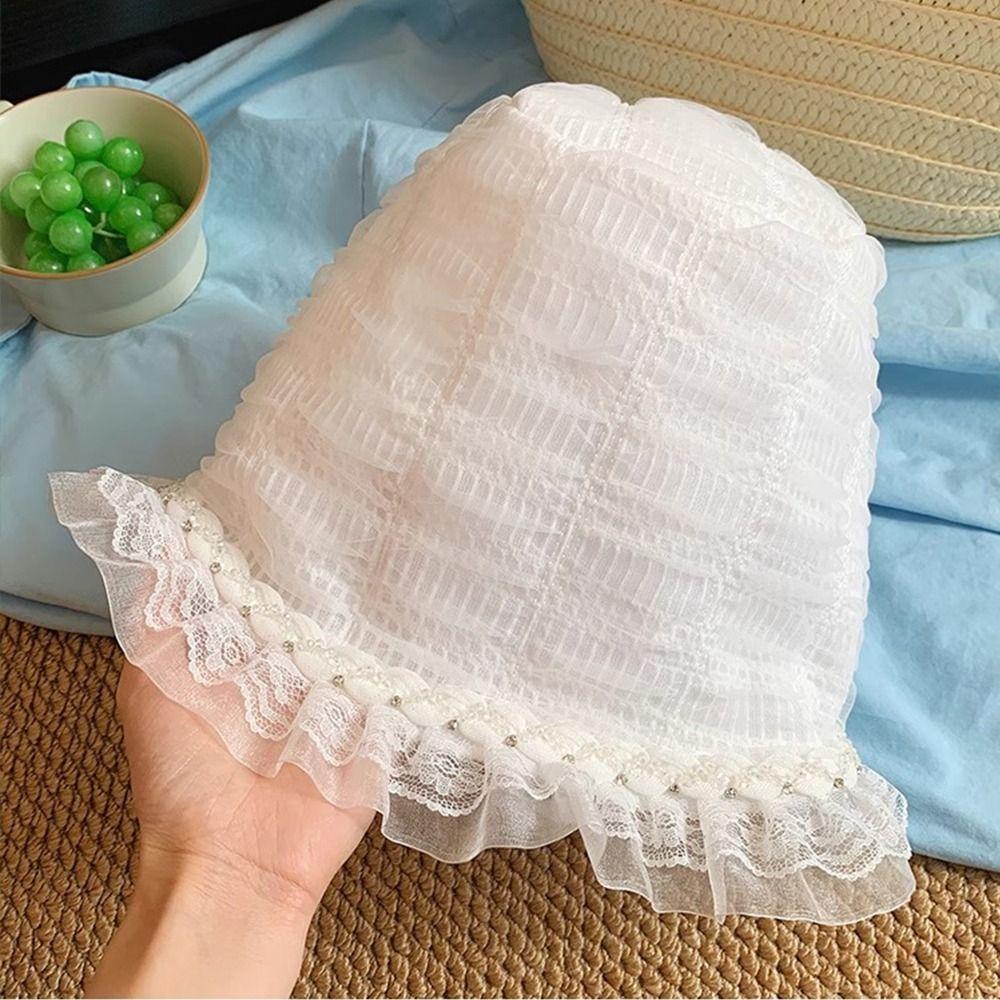 White Fisherman Hat Summer Visor Basin Cap Foldable Lace Bucket Hat  Girls