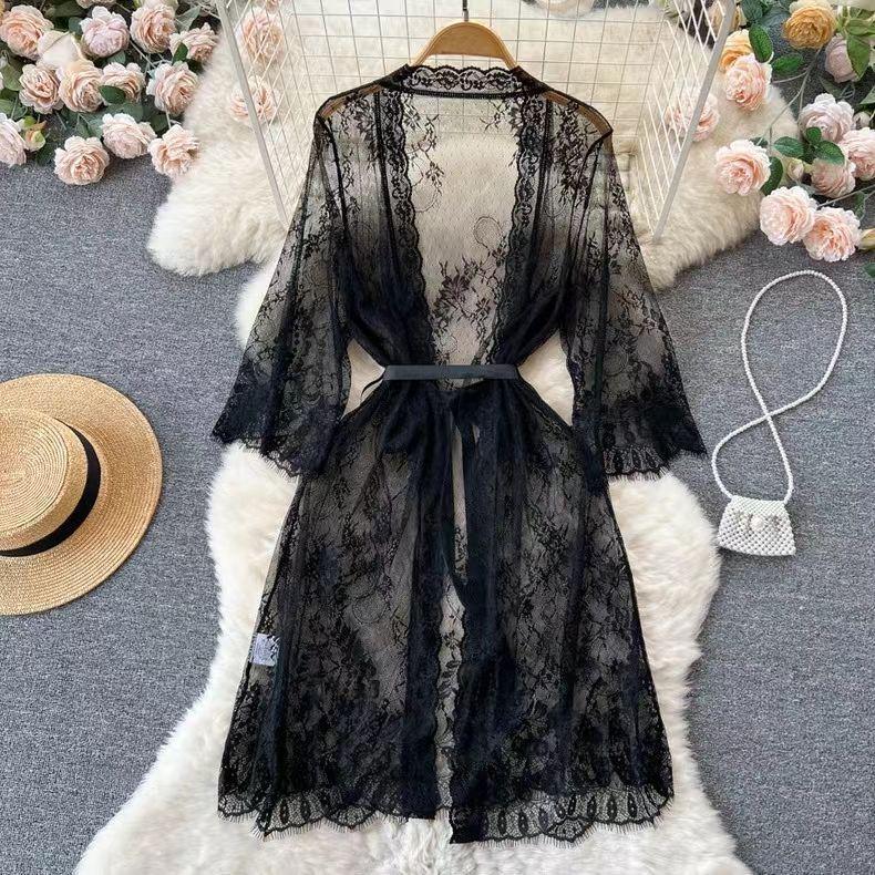 Spicy Girl Lace Deep V-Neck Mesh Nightgown with Shawl - Sexy Spring/Summer Pajamas One Size