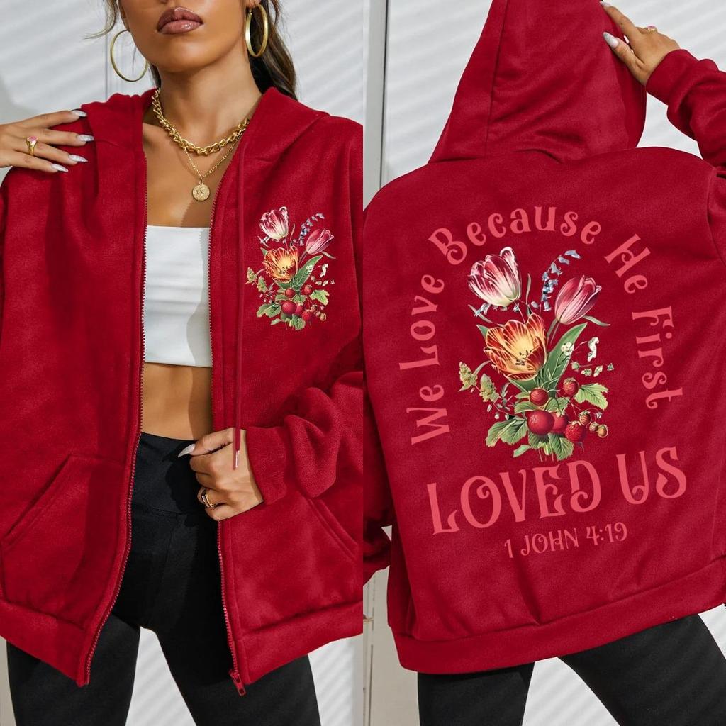 Loves Us Beautiful Flowers Prints Zipper Hoody Woman Crewneck Sportswear Vintage Oversize Hoodie Fleece Casual Soft Clothes