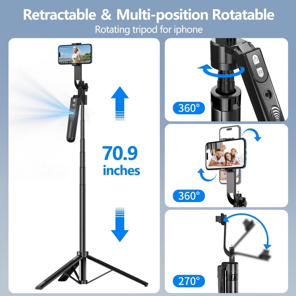Auto Face Tracking Tripod 360° Rotation with Stand 70.9" Ai Motion Tracking Tripod Motion Sensor Phone Tripod Stand Selfie Stick Rotation Tripod W