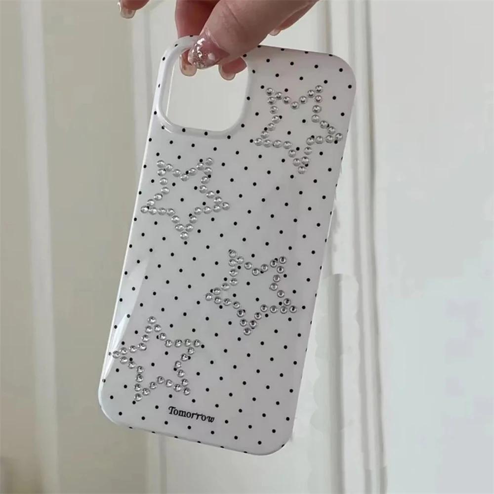 Korean Y2K Chic Glitter Rhinestone Star Phone Case For iPhone 16 15 14 13 Pro Max Cute Polka Dot Cover Stylish Girl Shell