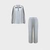 Women Ribbed Knit 2 Piece Outfit Half Zip Long Sleeve Top And Wide Leg Pants Set