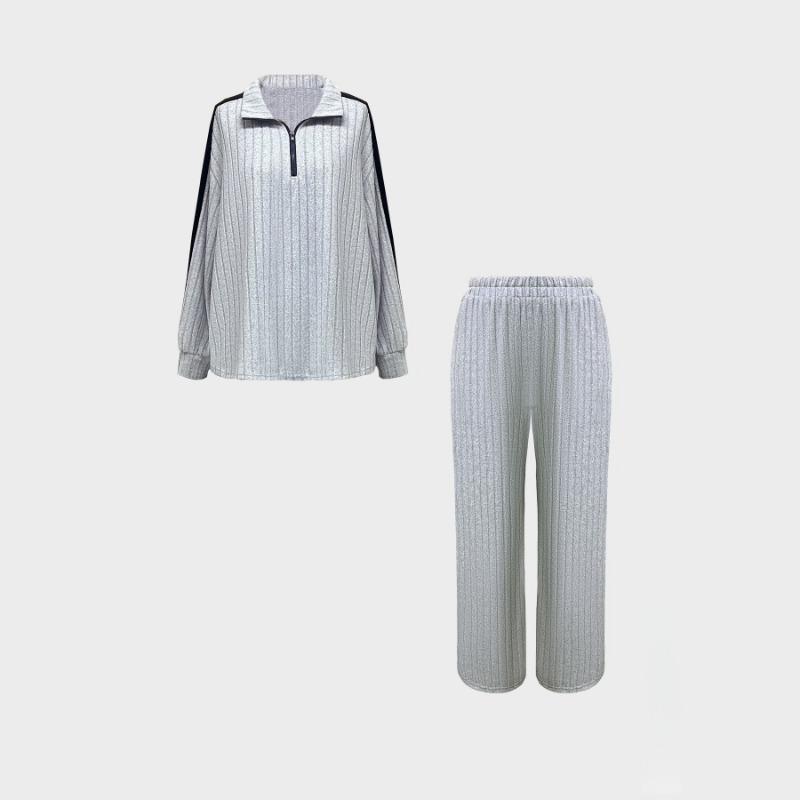 Women Ribbed Knit 2 Piece Outfit Half Zip Long Sleeve Top And Wide Leg Pants Set