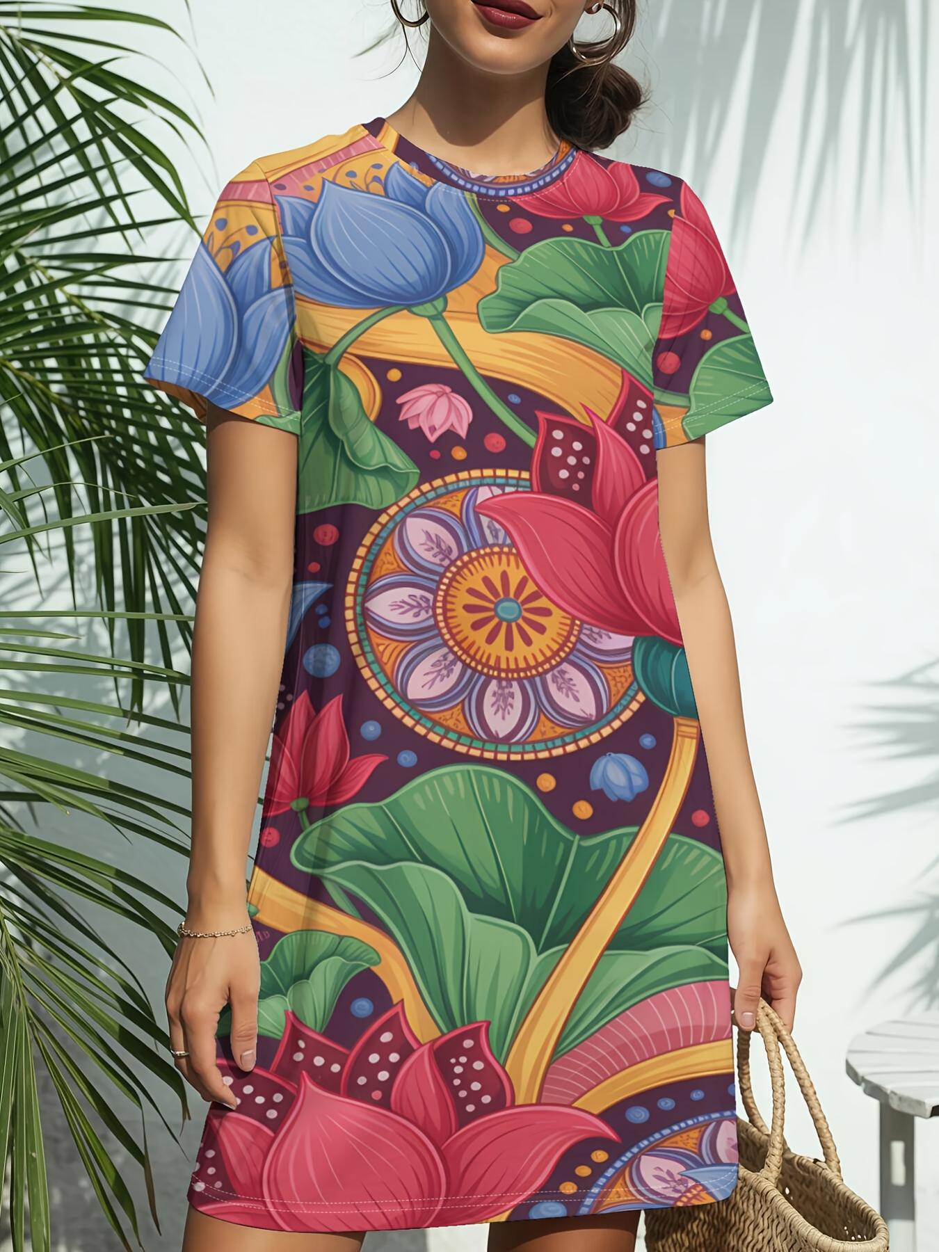 

Vibrant Floral Pop New Arrival Women S Round Neck Short-Sleeve T-Shirt Dress. American Trendy Digital Print. Casual Versatile Style for Spring And Sum 2XL дубильна кора
