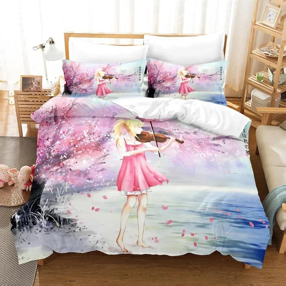 3D Anime Your Lie in April Kaori Miyazono Beding Set Young Boys Young Girls Twin Quen Sized Dimensions Soft Duvet Cover Pilowcase Bed Children Kids