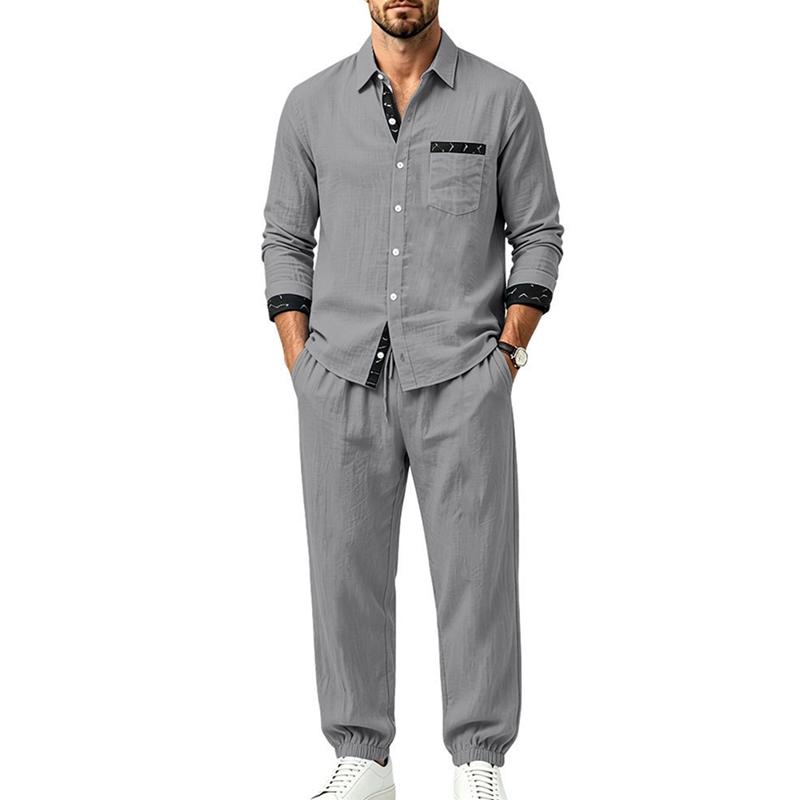 Men's 2‑Piece Linen‑Blend Set, Long‑Sleeve Button Shirt with Contrast Pattern Trim & Chest Pocket, Drawstring Jogger Pants Breathable Casual Outfit