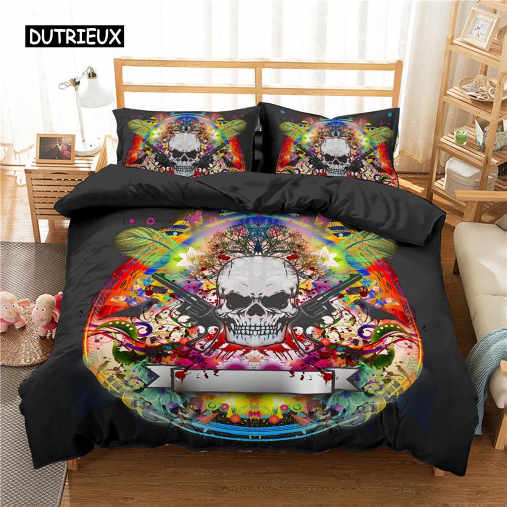 Sugar Skull King Queen Duvet Cover Cartoon Skeleton Blue Car Bedding Set for Teens Adults Halloween Day of The Dead Quilt Cover