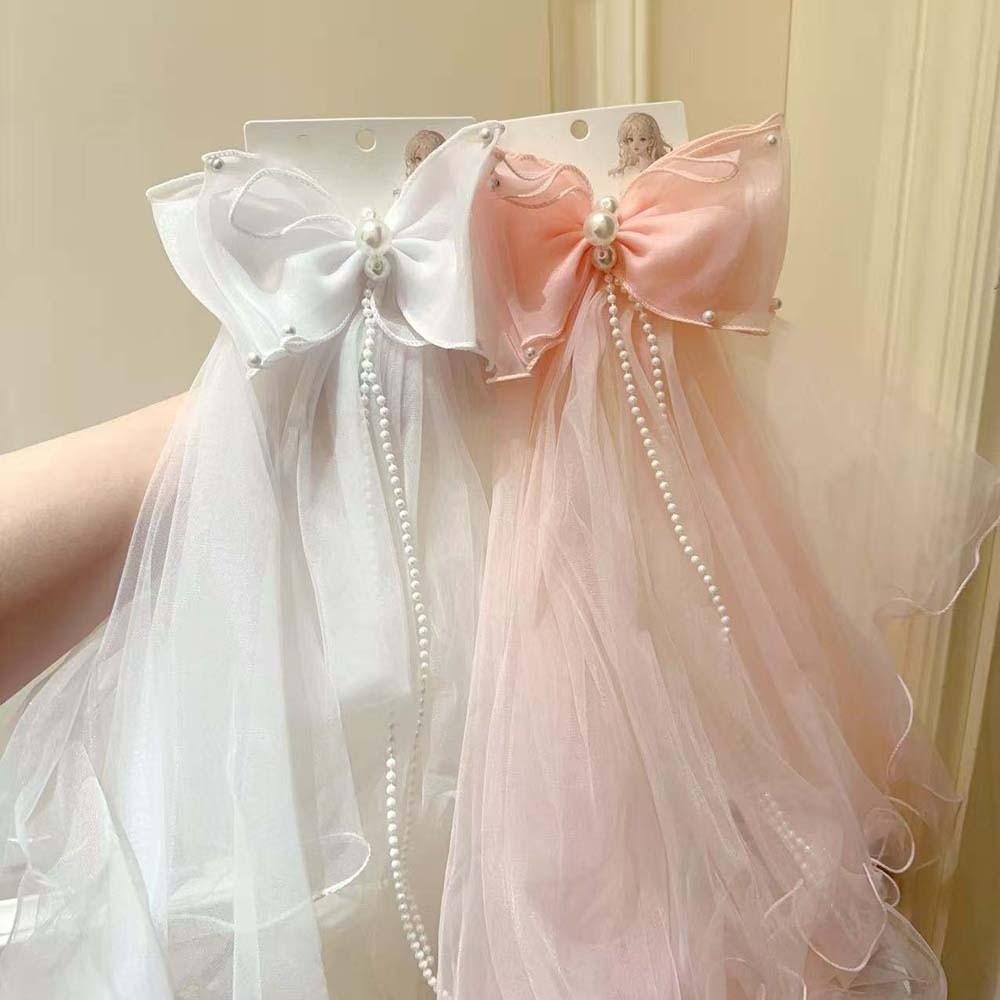 Bow Girls Head Gauze White Bridal Tulle Elegant Veil Hair Clip  Party Cosplay