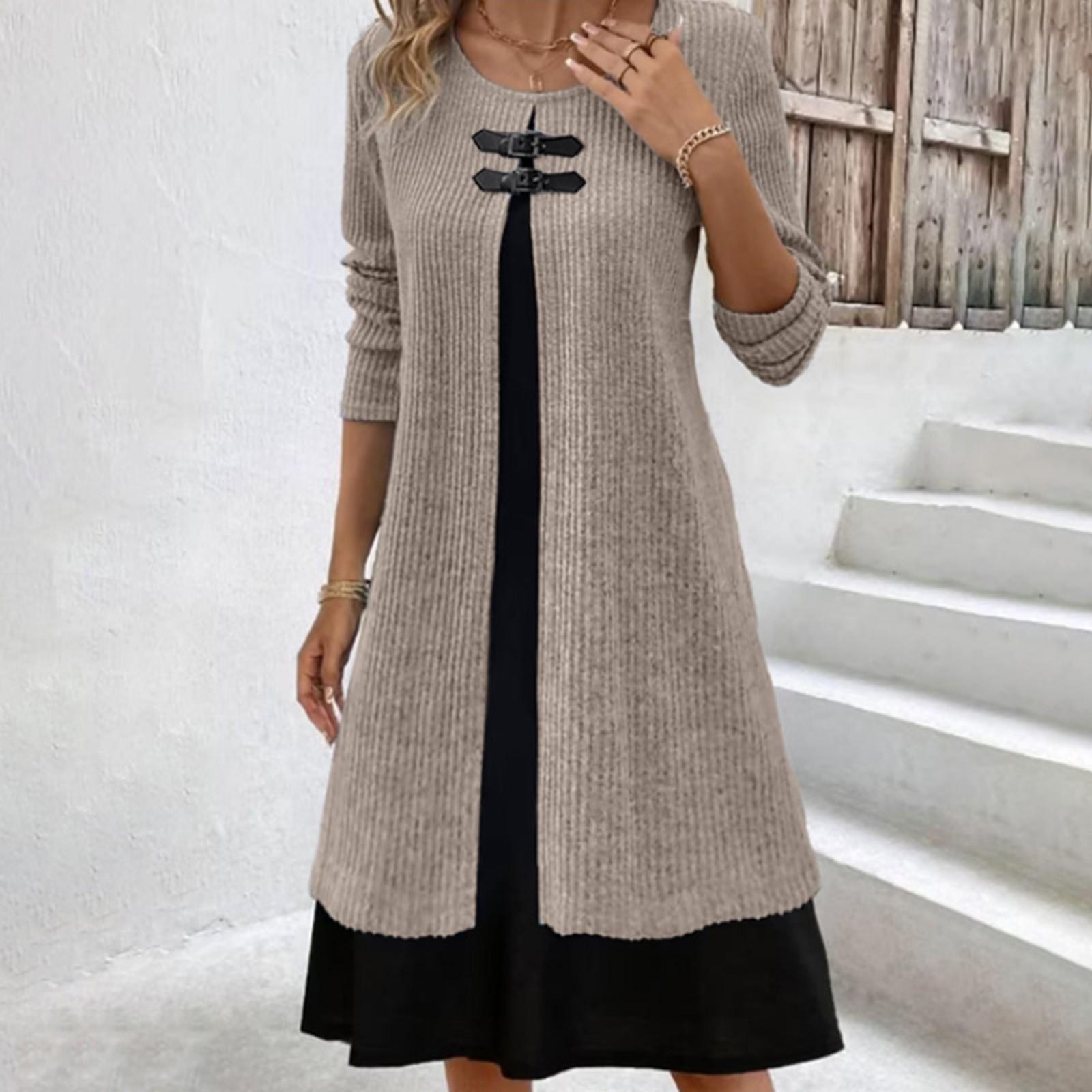 

Женское зимнее платье-свитер с круглым вырезом и длинными рукавами, модные трикотажные уличные платья S коричневый