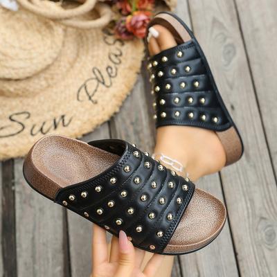 Summer Rivet Designer Women's Slippers Outdoor Casual Round Toe Thick Sole Leather Beach Party Ladies Slippers