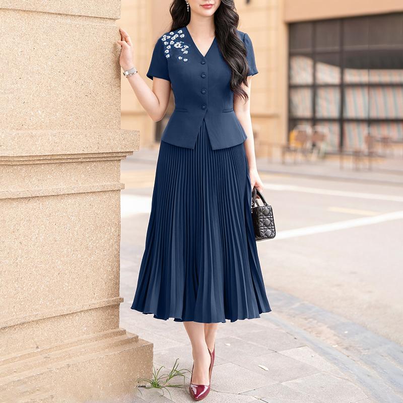ZANZEA Women Short Sleeve Slim Blouse and Pleated Skirts Summer Two Piece Suit Sets