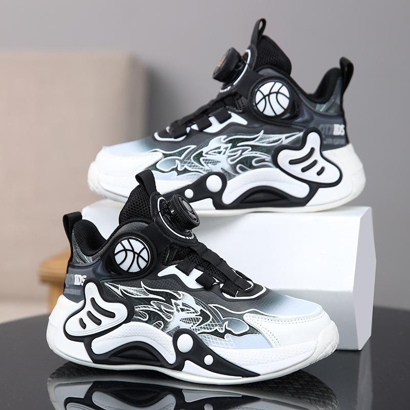 Boys shoes spring and summer children's sports shoes non-slip breathable mesh basketball shoes rotating button middle and older children's runni