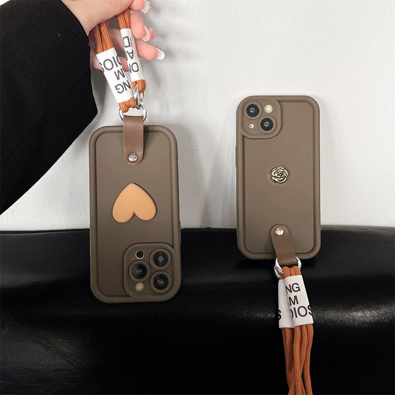 Apple 17Promax Mobile Phone Case Anti-Drop Portable Rope Love Iphone16 Camellia Fine Hole All-Inclusive Silicone Soft