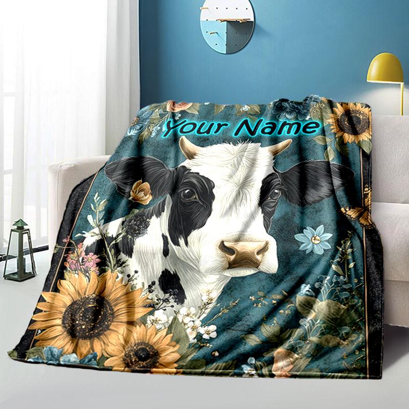 1PC Custom Name Cow Portrait Flowers Flannel Blanket Versatile,all-season Throw Suitable for the Living Room,bedroom,camping,travel,and Gift