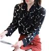 Women Digital Print Long Sleeve Blouse Top Buttons Cuff Necktie Bowknot Pullover