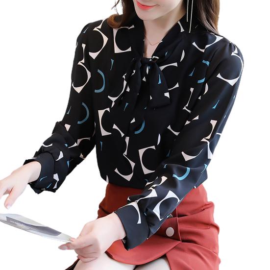 Women Digital Print Long Sleeve Blouse Top Buttons Cuff Necktie Bowknot Pullover