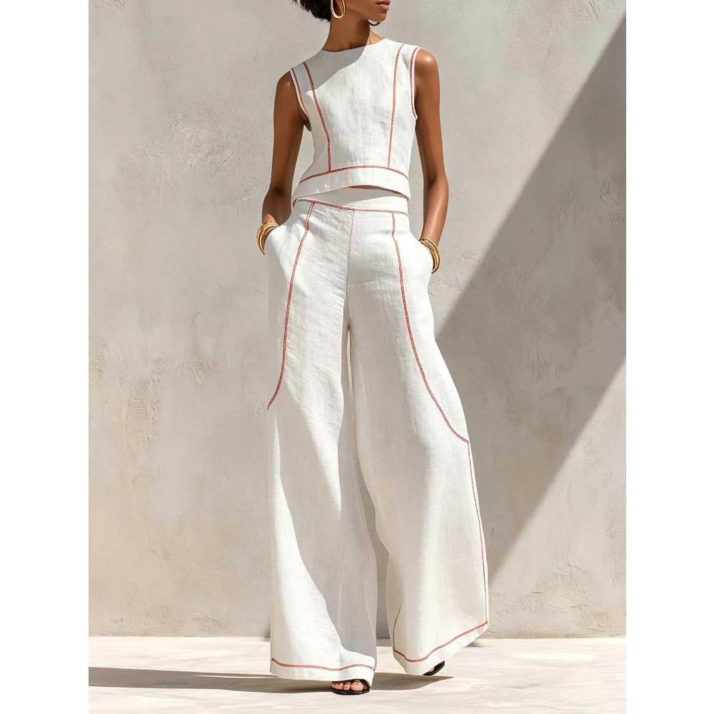 Women's Casual Tracksuit Sleeveless Tank Top High Waist Wide Leg Pants Two Piece Outfit