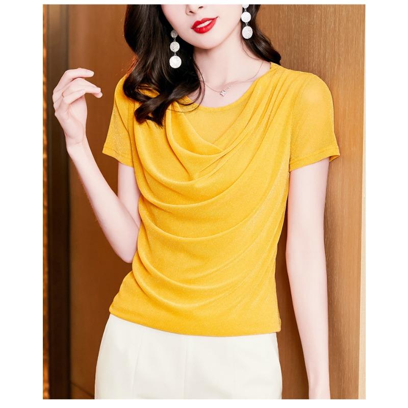 Summer New Fashion Versatile Swing Collar Bright Silk Short-sleeved Mesh Slim Fit T-shirt for Women