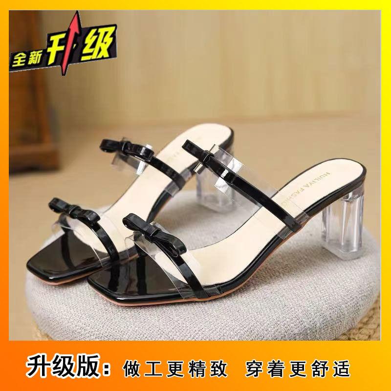 2025 Spring Sweet Pink New Bow Open-toed Cool Slippers Fashionable Transparent Crystal High-heeled Half Slippers Women