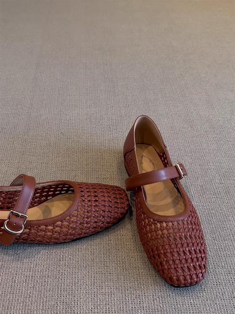 

Sheepskin version~ Genuine leather niche retro mesh hollow woven shallow mouth one-word buckle single shoes women s flat Mary Jane shoes 42