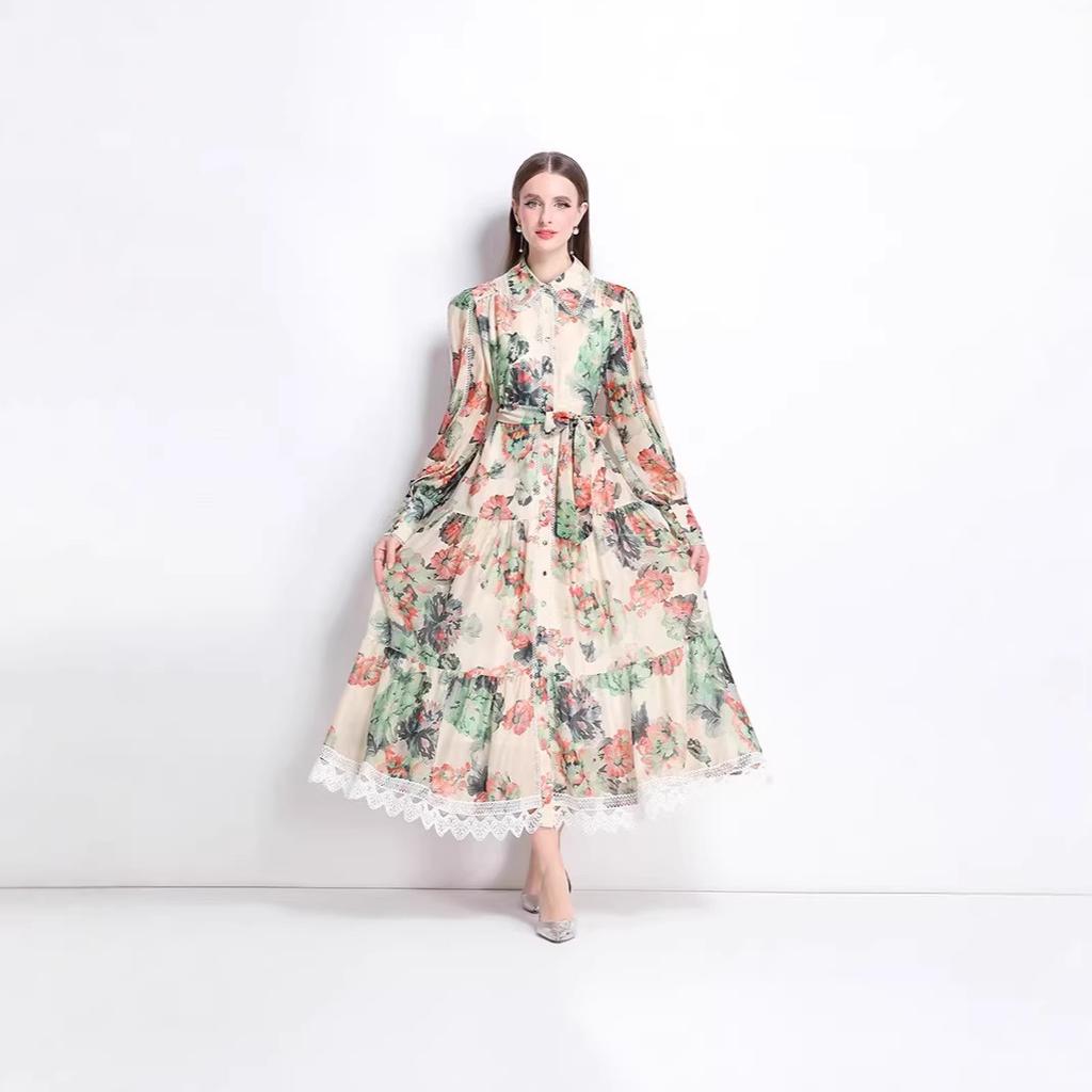 Real Shot Literary Style Lace-up Waist Lapel Long Dress Retro Printing Design Long Dress
