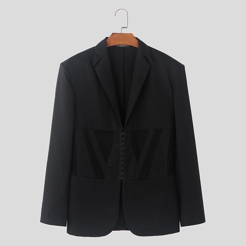 

INCERUN Мужской весенний пиджак с длинным рукавом и прозрачной отделкой на талии, вечерние пальто 3XL чёрный