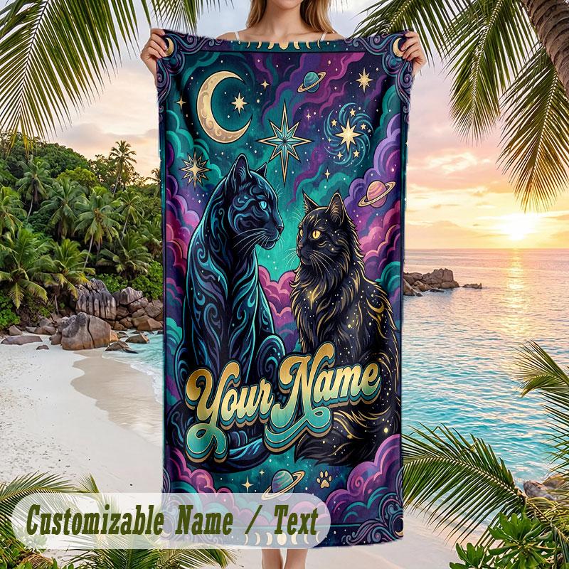 Cosmic Cat Dreamscape 5 Theme Quick Dry Beach Towel Custom Name Text Print Large Sand Resistant Towel Beach Vacation