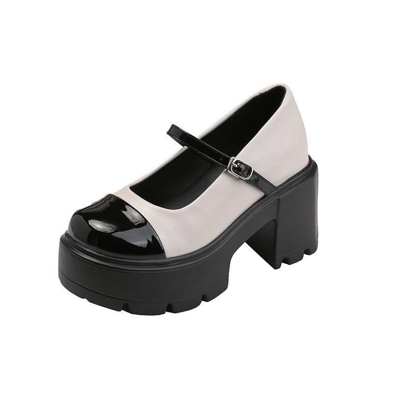 Inner heightening retro Mary Jane single shoes small size color matching versatile one-word buckle with platform small leather shoes