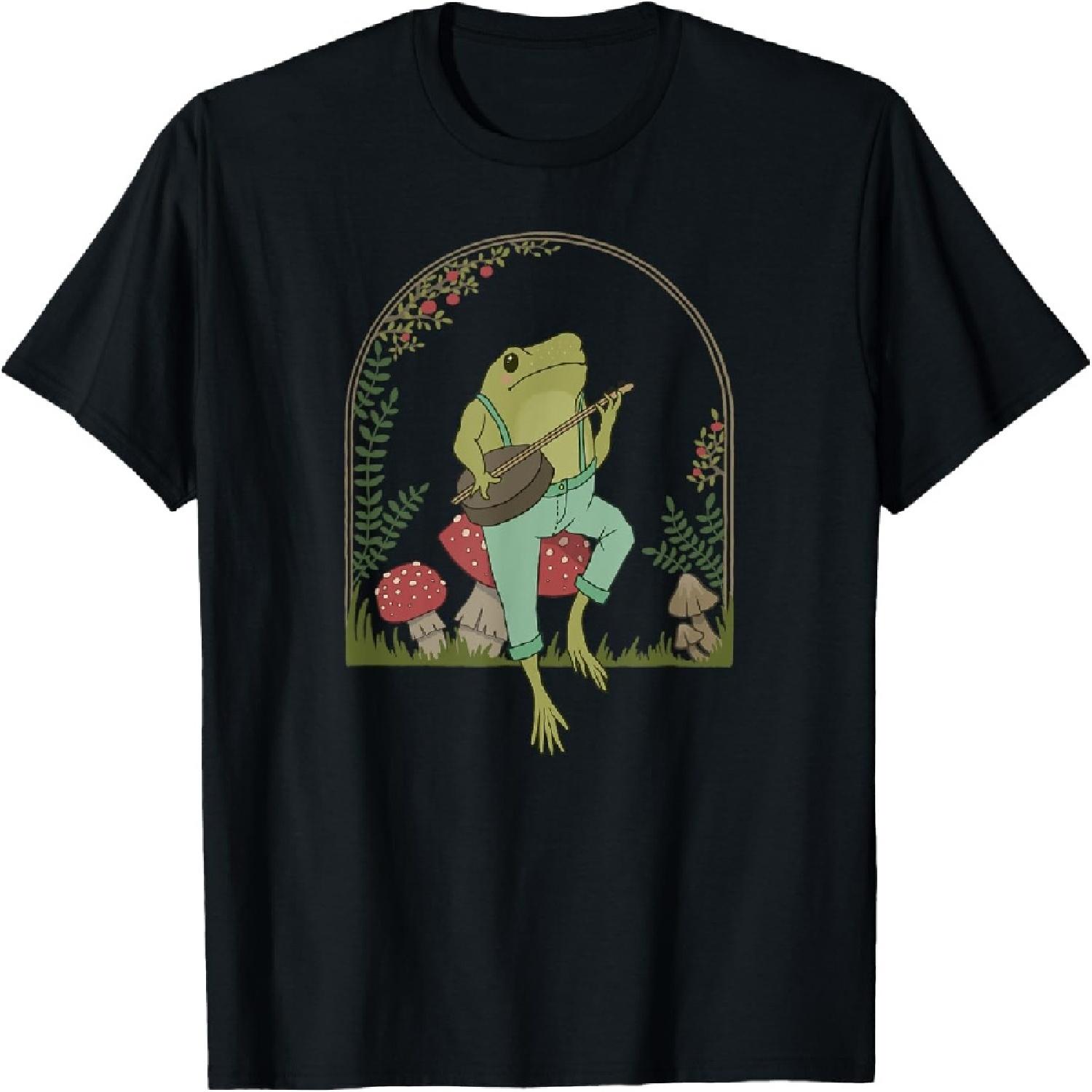 Cottagecore Aesthetic Frog Playing Banjo on Mushroom Cute T-Shirt S