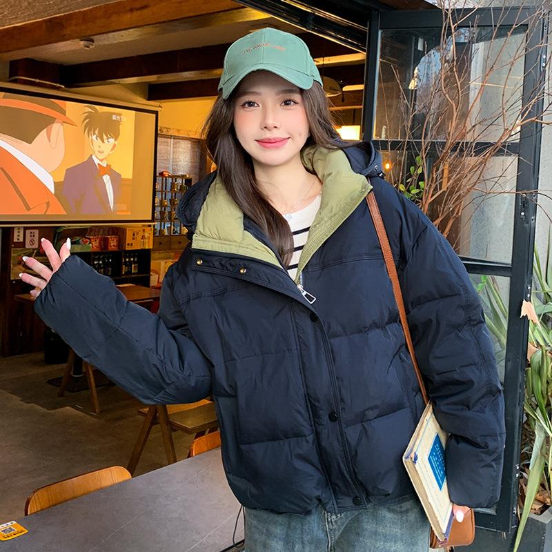 

Новая повседневная куртка-пуховик контрастного цвета двусторонней носки, модная текстура, теплая, с капюшоном, свободного кроя, на хлопковой подкладке S чёрный