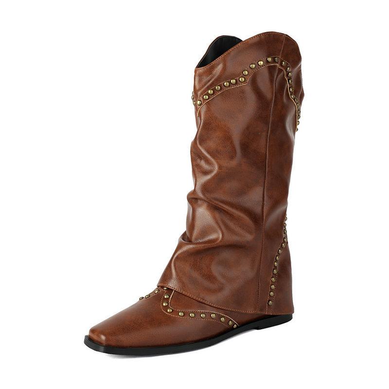 

Новые туфли ретро с квадратными заклепками брюки-трубы сапоги универсальные ковбойские сапоги в стиле вестерн с плоским дном 39