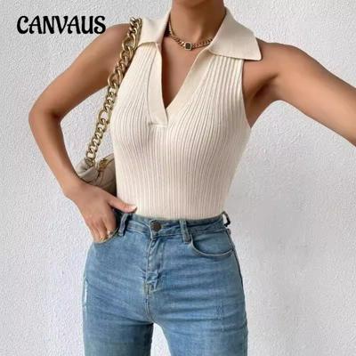 Women's Summer New Solid Colour Polo Collar Slim Pit Stripes Sleeveless Knitted Vest