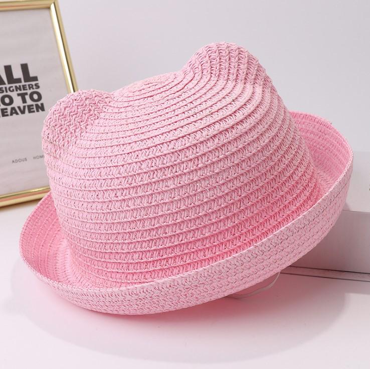 Kids' Korean Style Summer Straw Sun Hat with Cat Ears - Breathable Parent-Child Vacation Design
