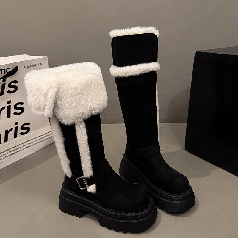Winter Warm Short Plush Women Knee-High Snow Boots Belt Buckle Fur Lined Chunky Platform Shoes for Women Comfortable Long Boots
