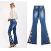 Women's Mid Rise Flare Jeans Loose Fit Streetwear Denim Trousers with Heavy Floral Embroidery Dark Wash Cotton Fabric
