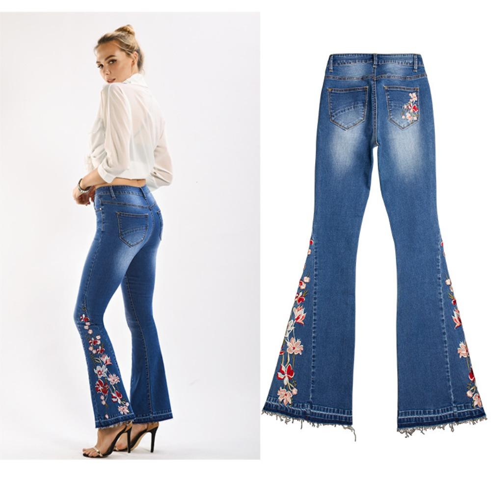 Women's Mid Rise Flare Jeans Loose Fit Streetwear Denim Trousers with Heavy Floral Embroidery Dark Wash Cotton Fabric