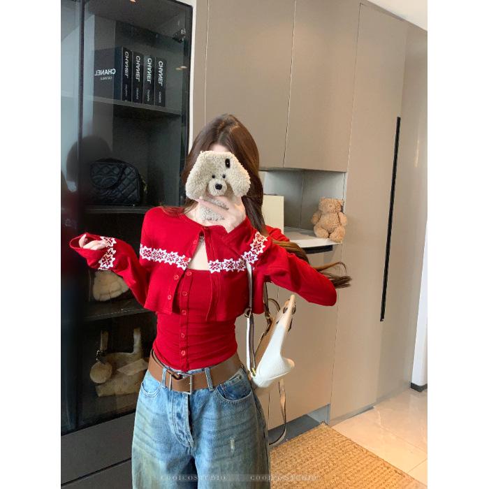 Женский красный жаккардовый вязаный кардиган и топ Рождественский комплект наряда M